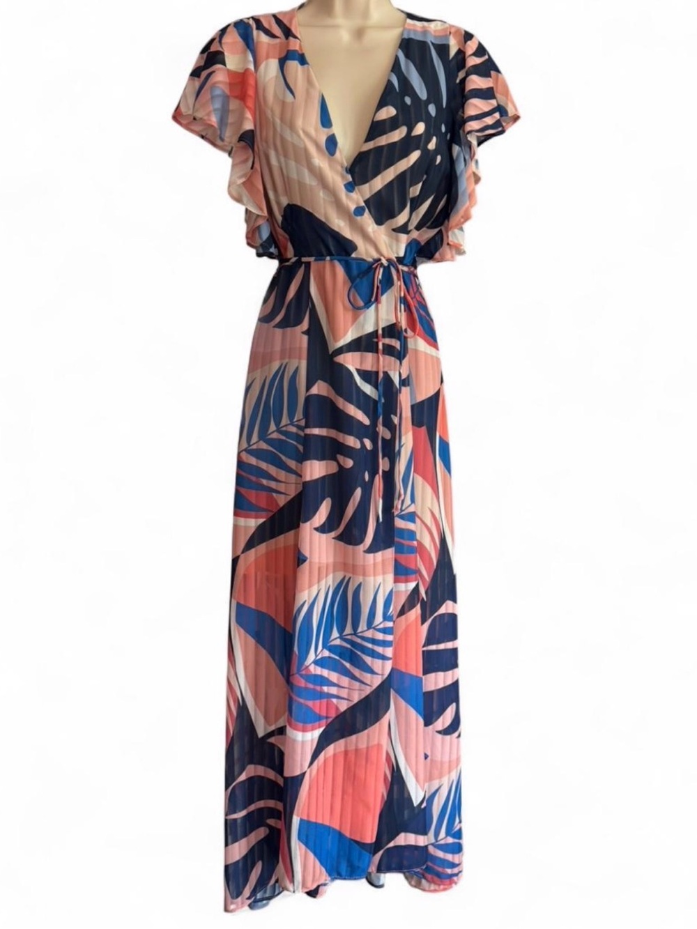 Hutch Tropical Pleated Maxi Dress Flutter Sleeve Wrap Resort Dress Small